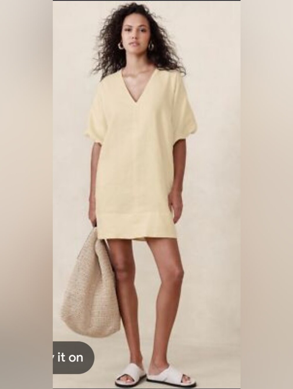 Butter Yellow Linen Cotton Shift Dress W Puff Sleeves M
